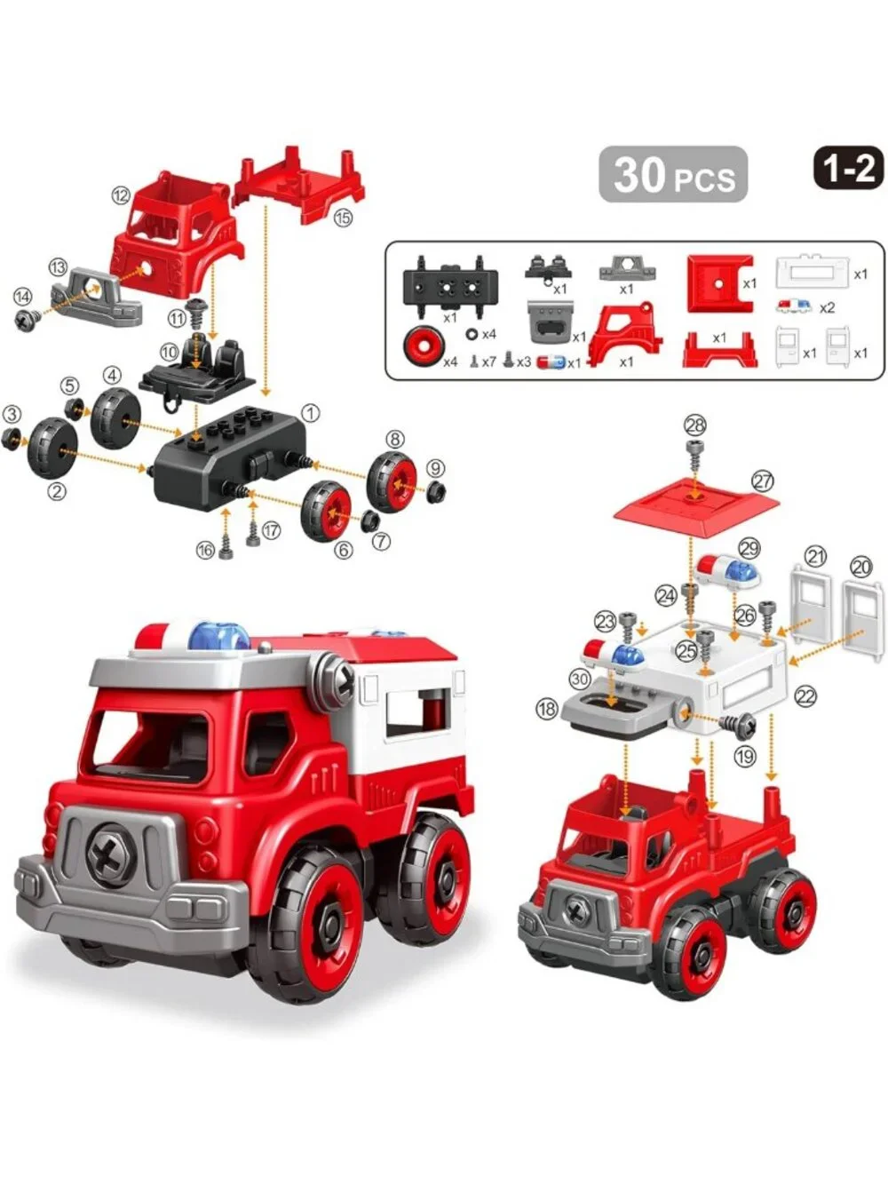 4-in-1 DIY Take Apart Fire Truck Toy with Electric Drill, STEM Building Set for